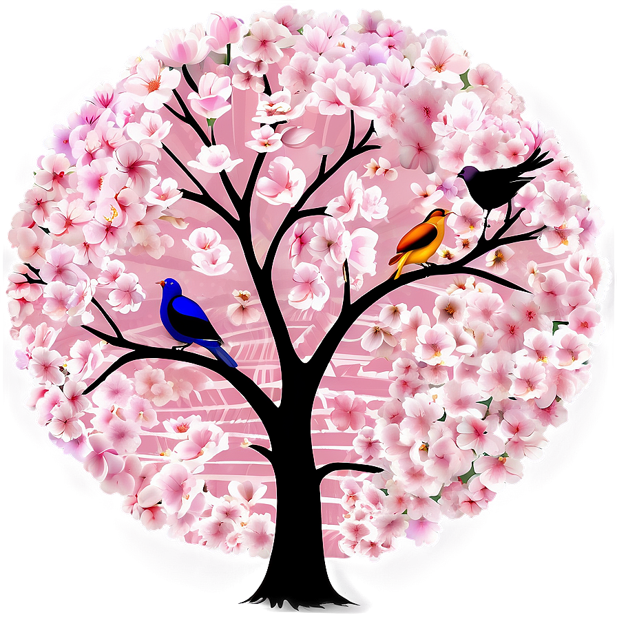 Cherry Blossom Tree With Birds Png Cvm PNG Image