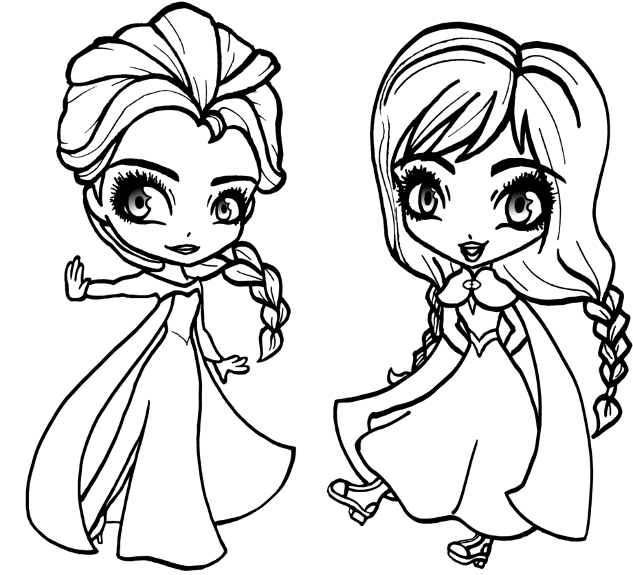 Chibi Elsaand Anna Coloring Page PNG Image