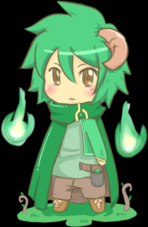 Chibi Green Magewith Flames PNG Image