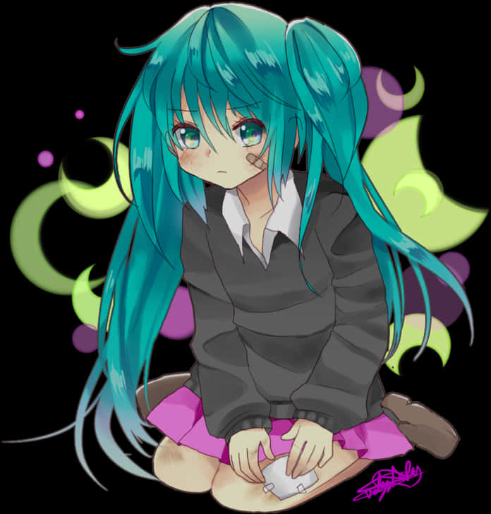 Chibi Miku Sitting Illustration PNG Image