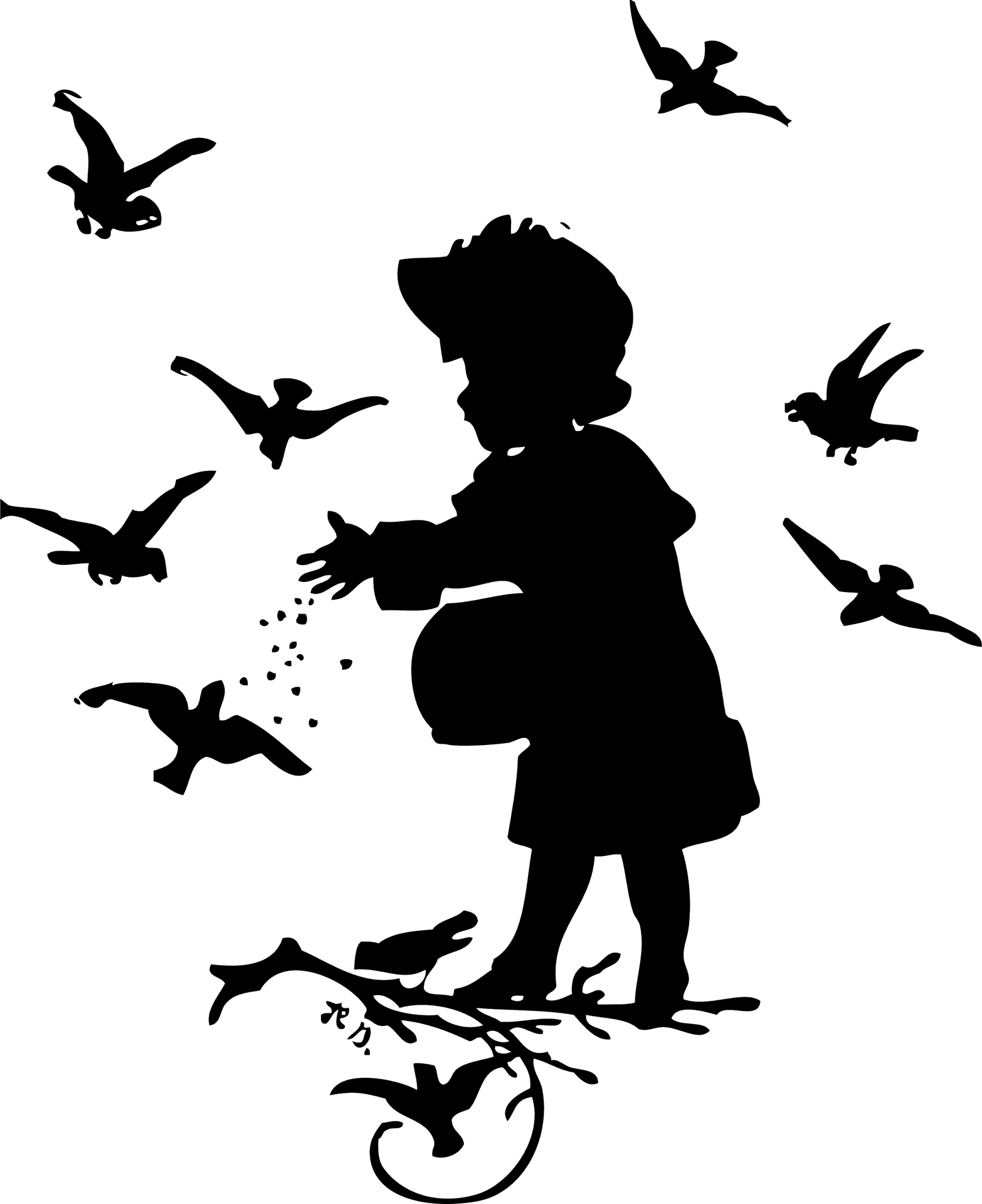 Child Feeding Birds Silhouette PNG Image