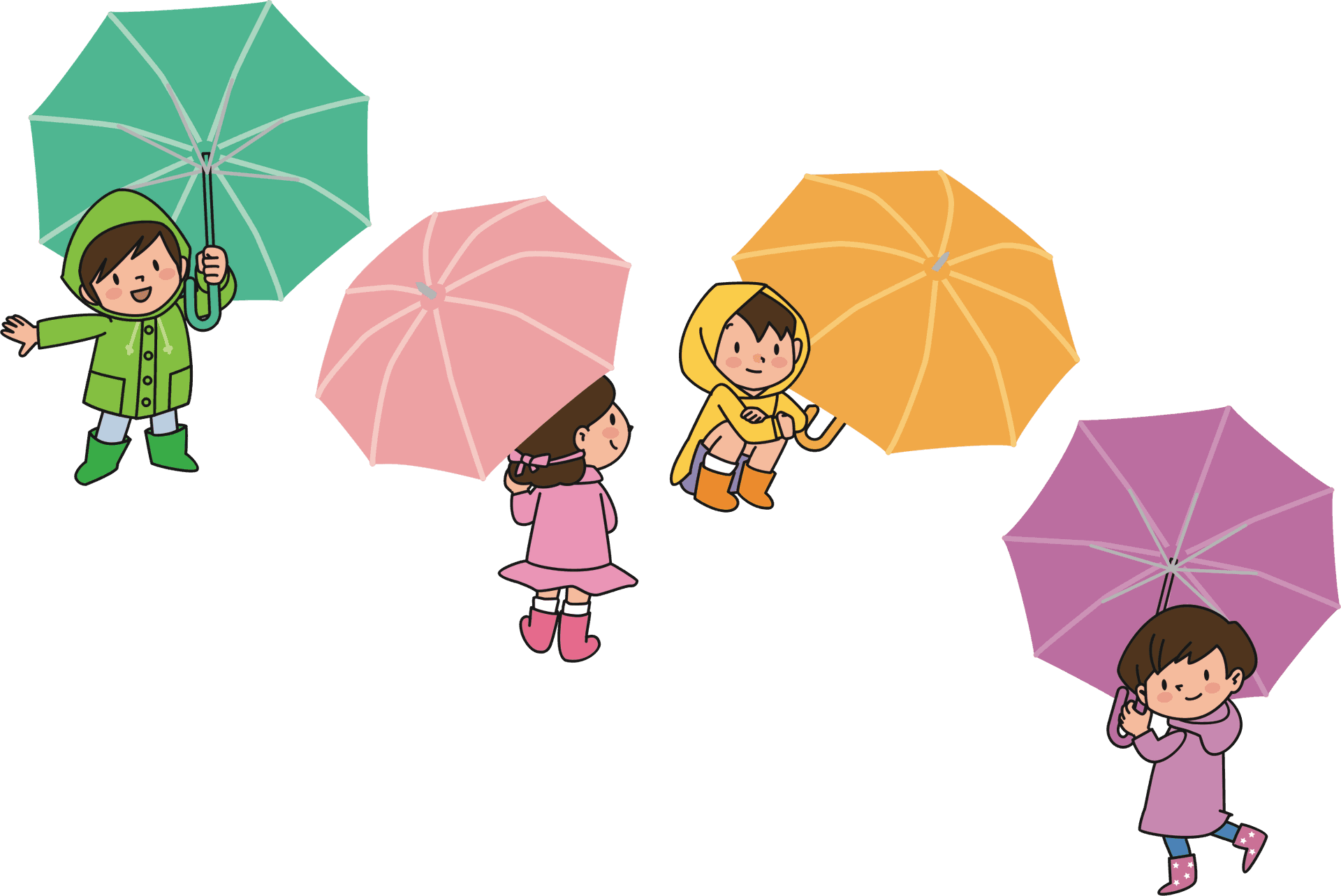 Children With Umbrellas Cartoon PNG Image