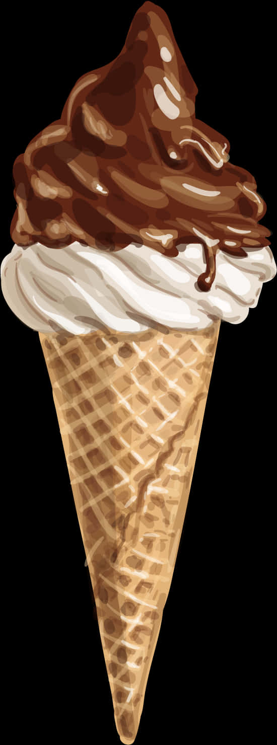 Chocolate Drizzled Soft Serve Ice Cream Cone PNG Image