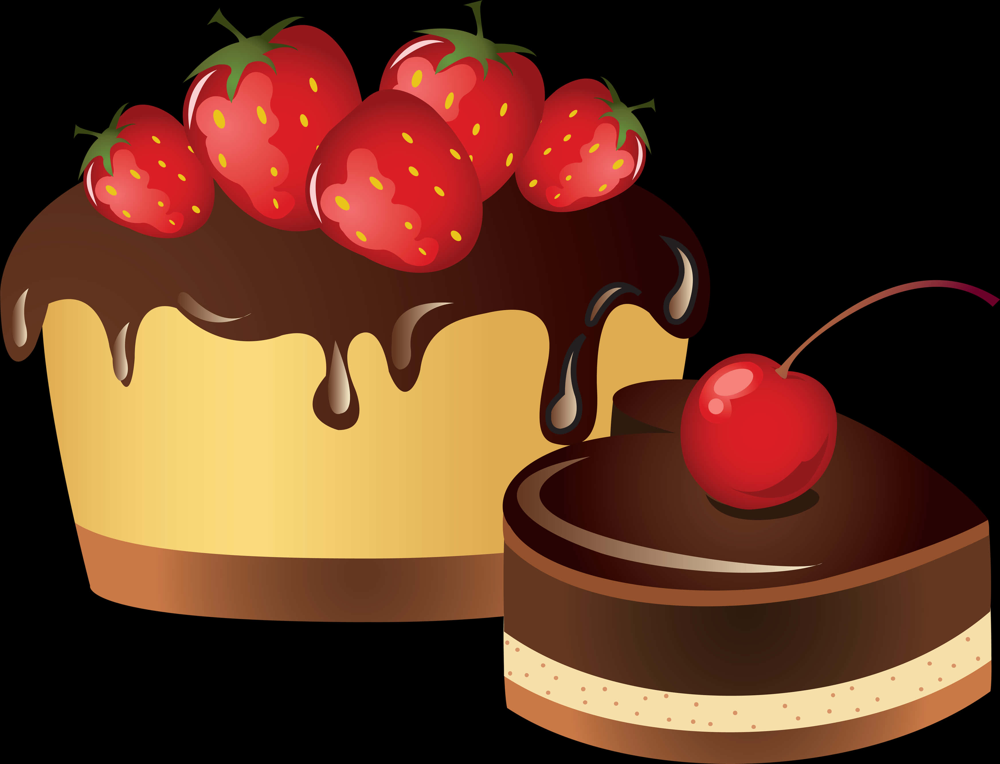 Chocolate Strawberryand Cherry Cakes Illustration PNG Image