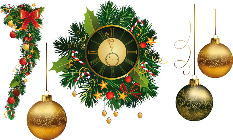 Christmas Clockand Ornaments PNG Image