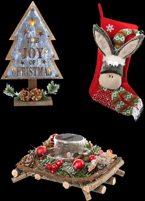 Christmas Decor Trio Joy Stocking Candleholder PNG Image