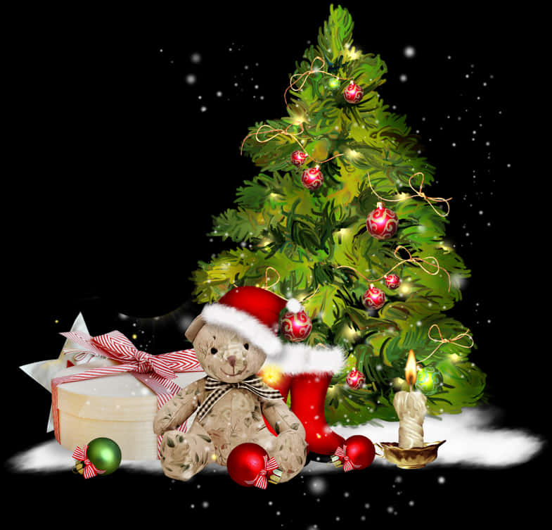 Christmas Teddy Bearand Tree PNG Image