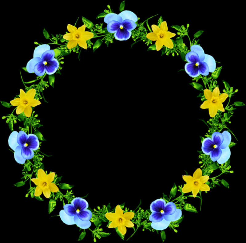 Circular Floral Frame Yellow Blue Flowers PNG Image