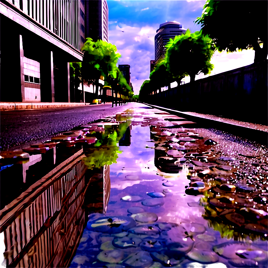 City Street With Water Puddles Png Fan PNG Image