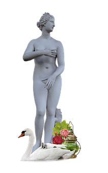 Classical Statuewith Swanand Flowers PNG Image