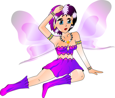 Colorful_ Animated_ Elf_ Girl_ Sitting PNG Image