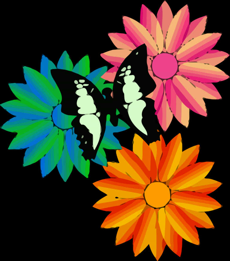 Colorful Butterfliesand Flowers Illustration PNG Image