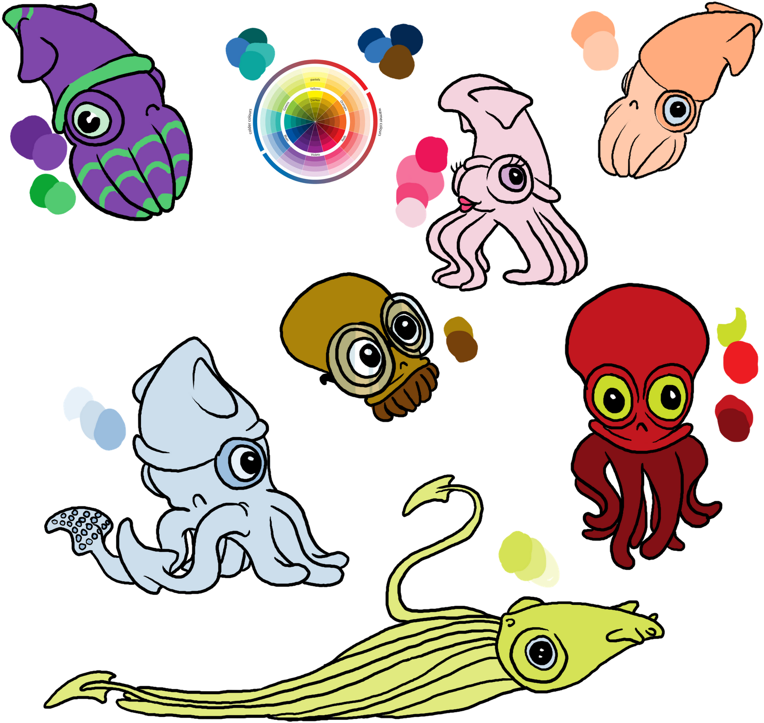 Colorful Cartoon Cuttlefish Collection PNG Image