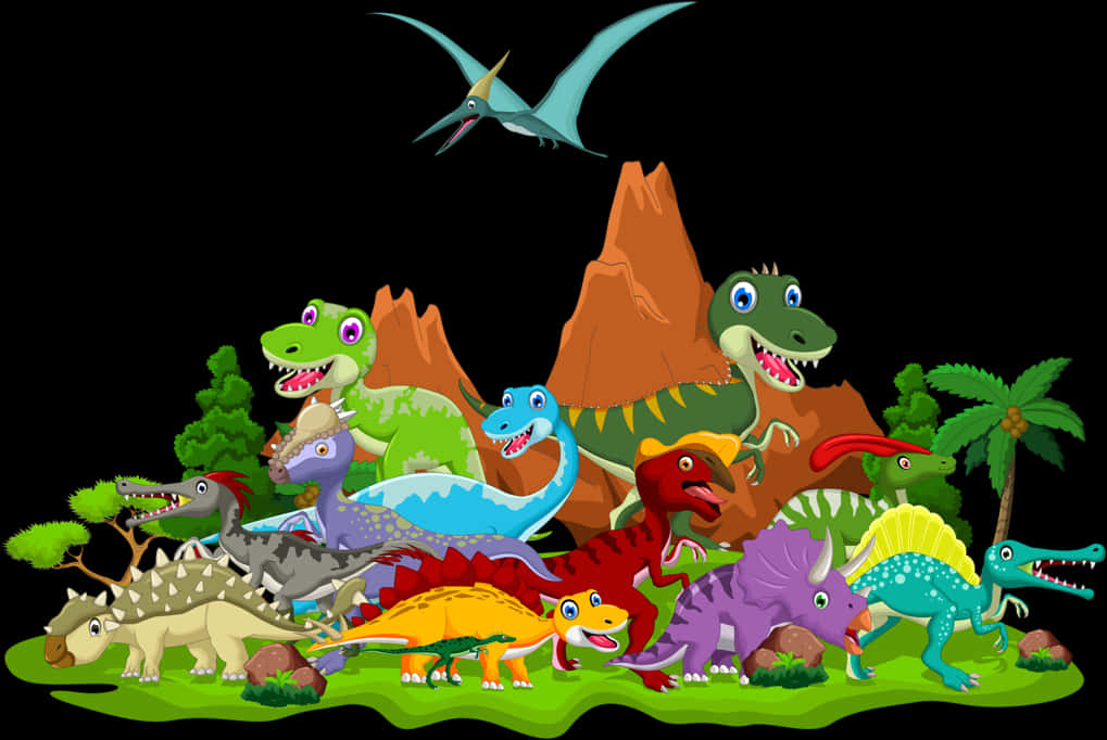 Colorful Cartoon Dinosaurs Gathering PNG Image