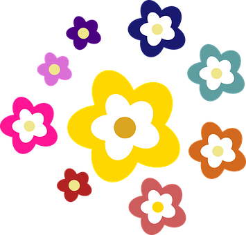 Colorful Cartoon Flowers Black Background PNG Image