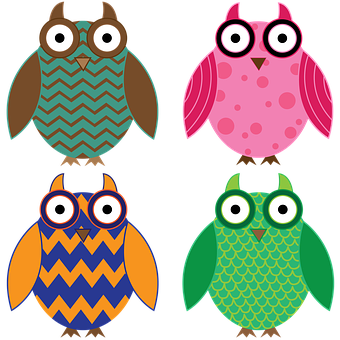 Colorful Cartoon Owls Vector Illustration PNG Image