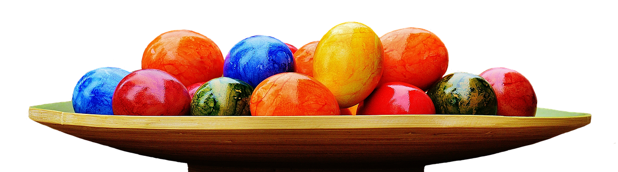 Colorful Easter Eggson Wooden Platter PNG Image