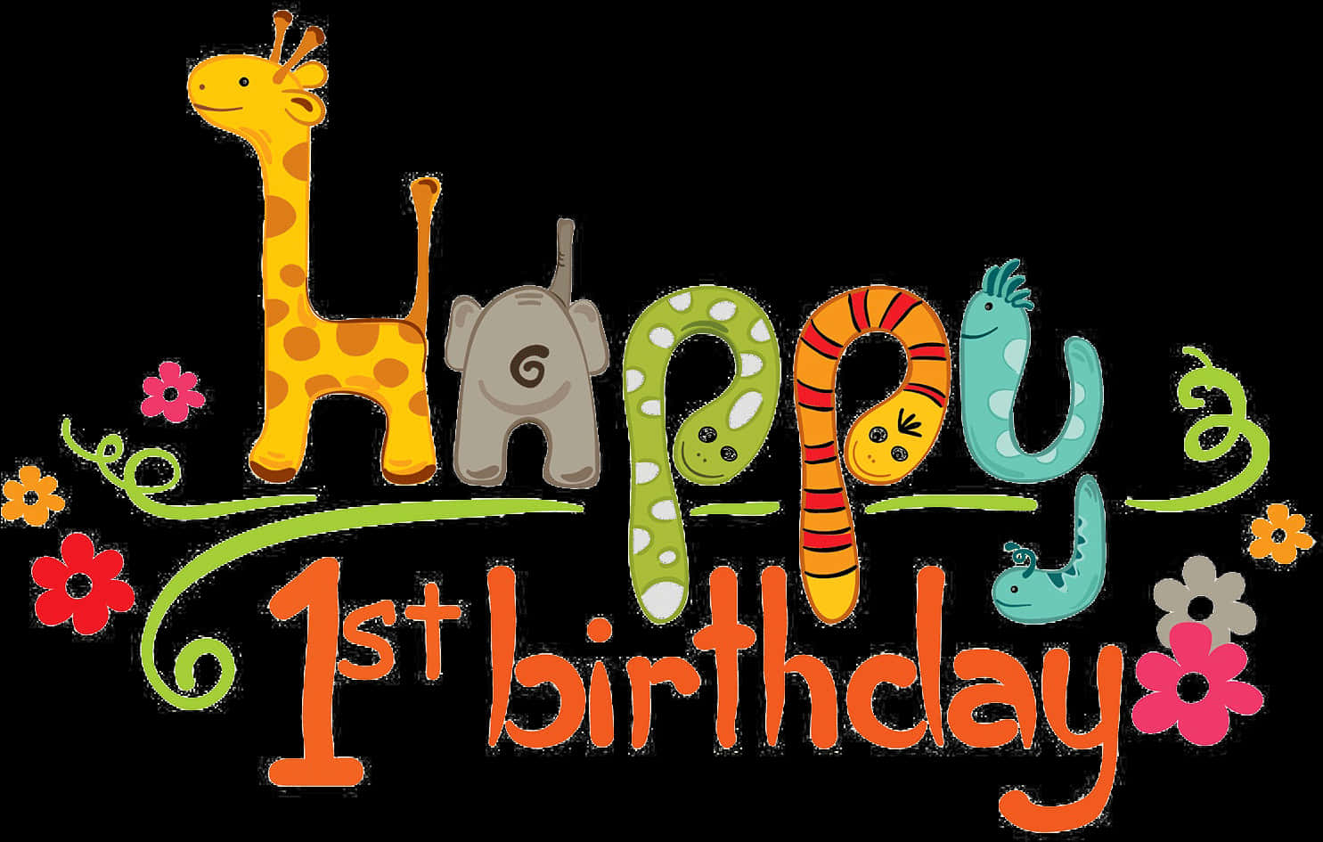 Colorful First Birthday Greeting PNG Image