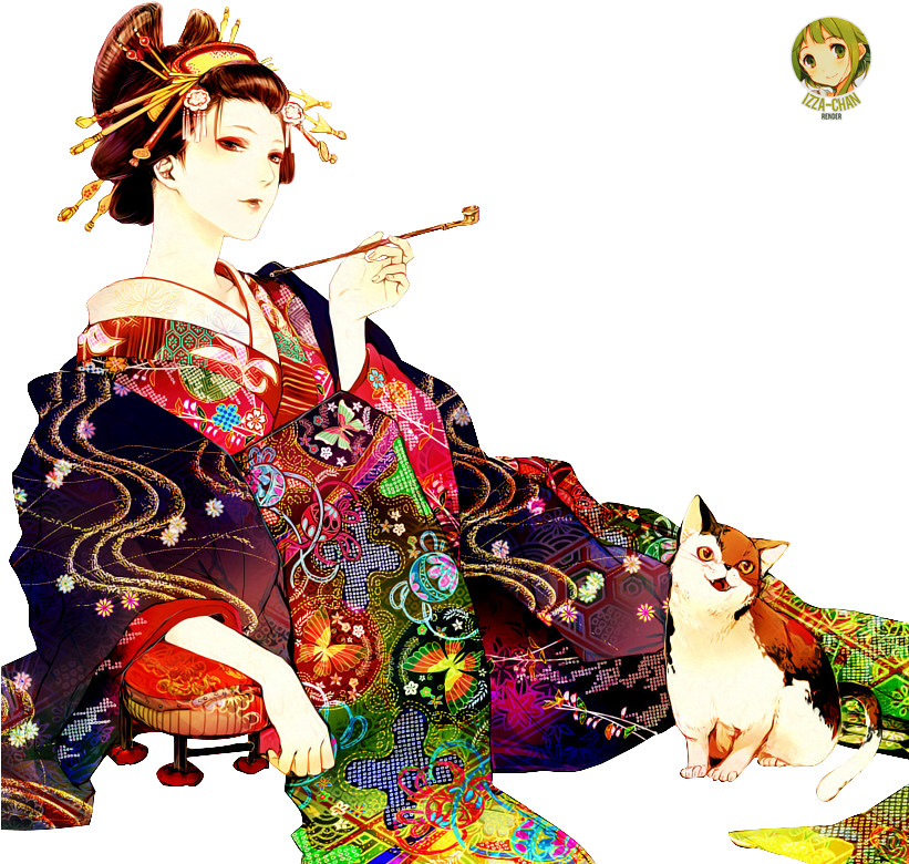 Colorful_ Geisha_with_ Cat_and_ Pipe PNG Image