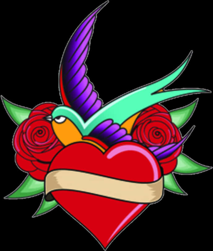 Colorful Heartand Swallow Tattoo Design PNG Image