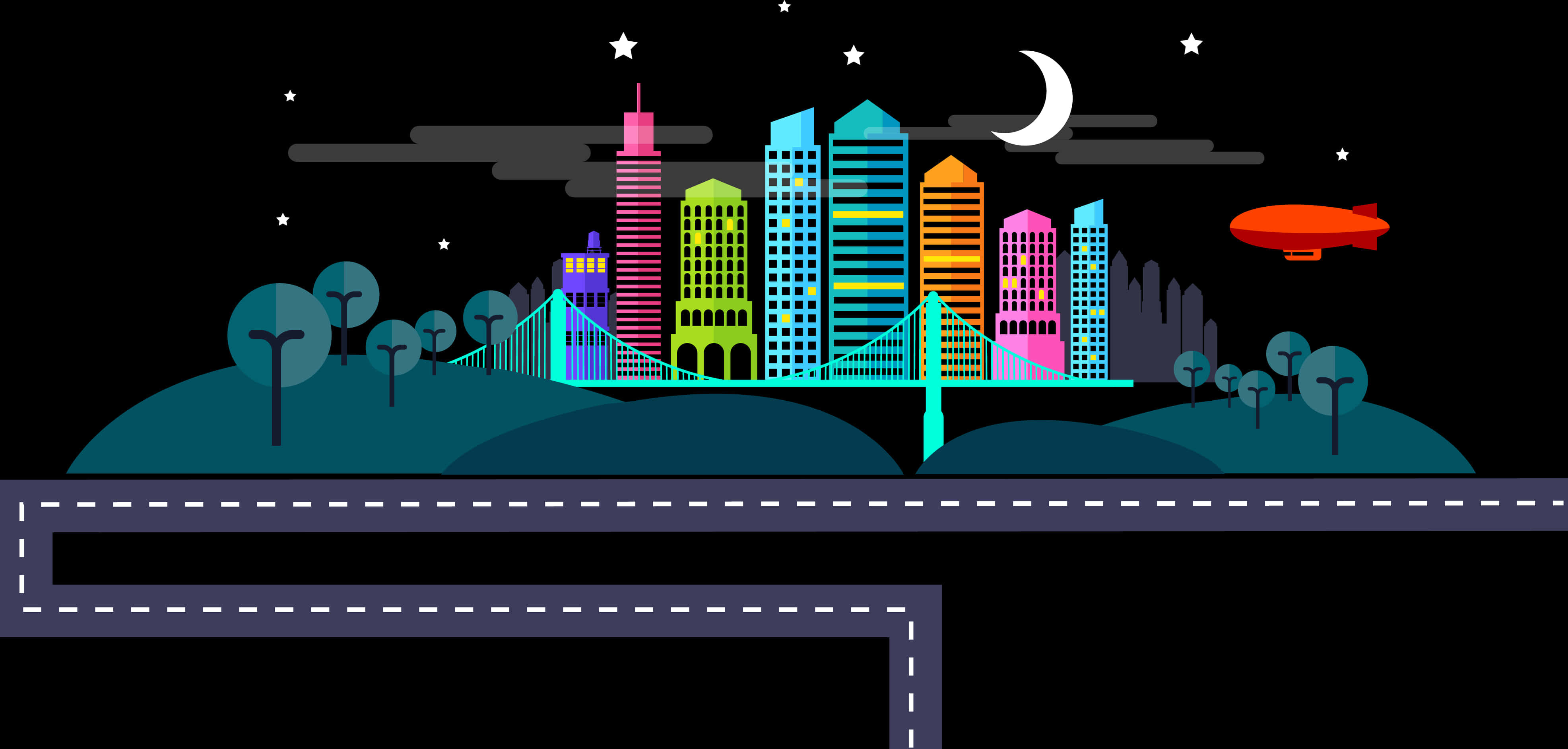 Colorful Nighttime Cityscape Vector PNG Image