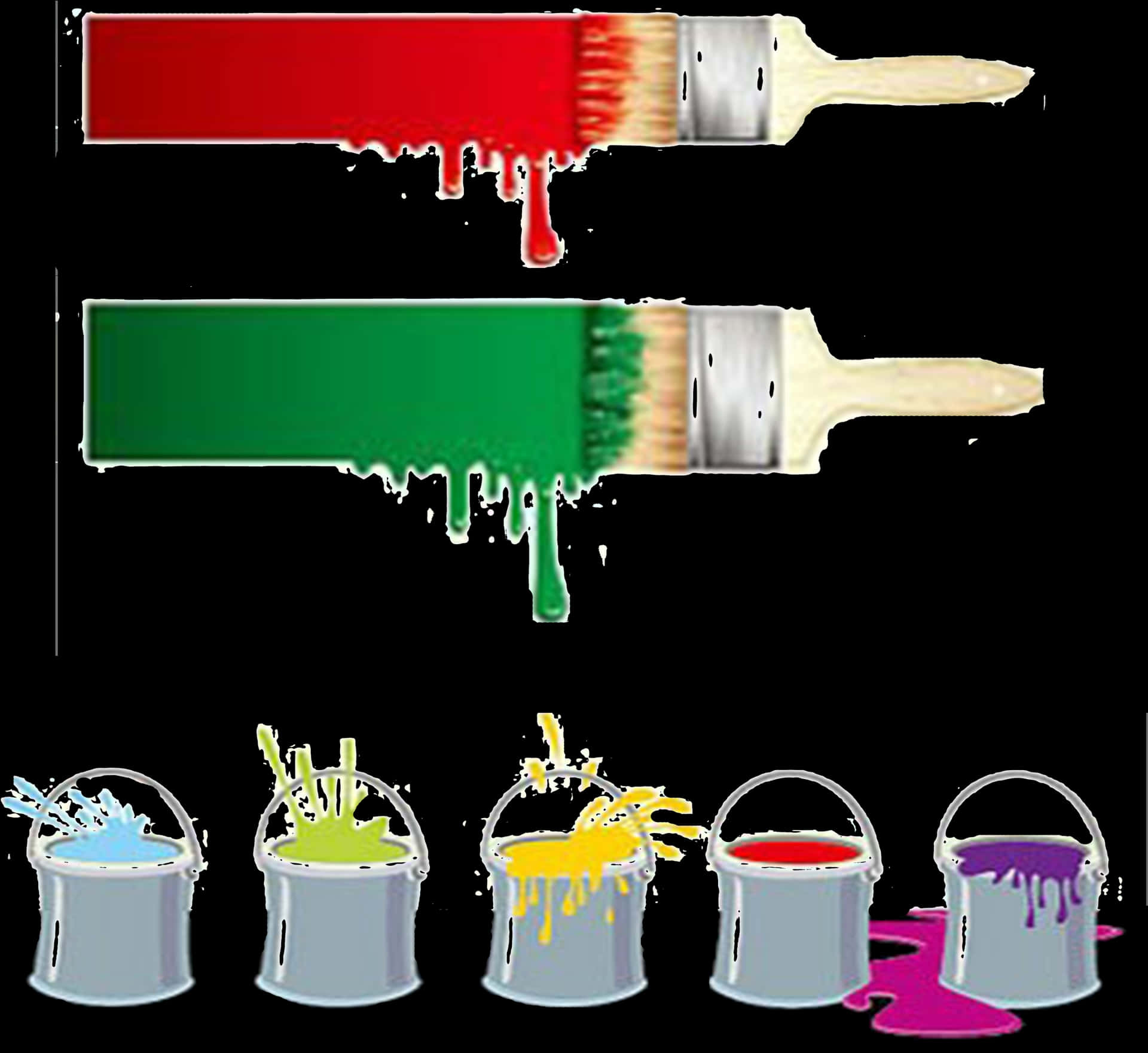 Colorful Paintbrushesand Paint Buckets PNG Image