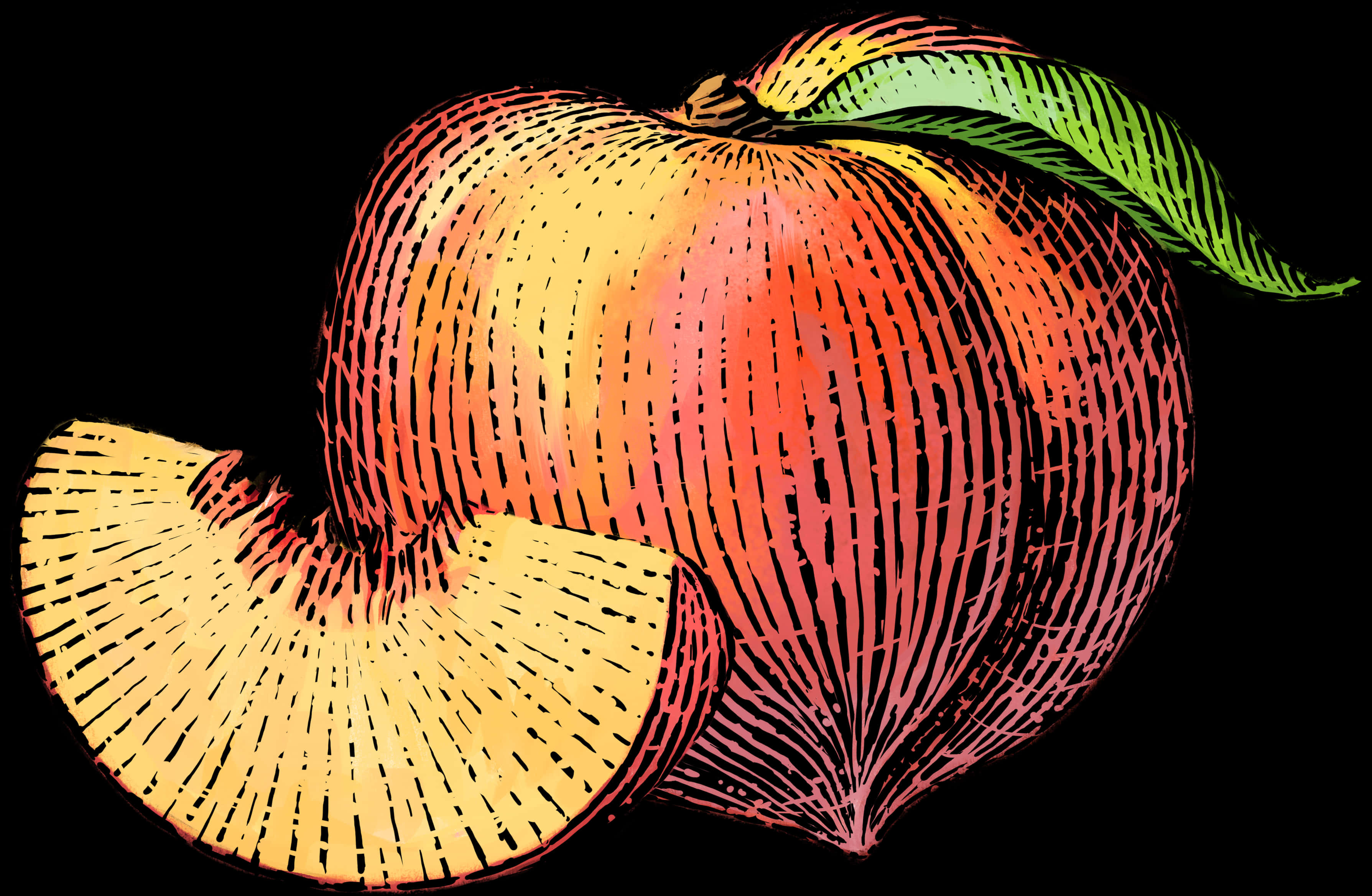 Colorful Sketched Peachand Slice PNG Image