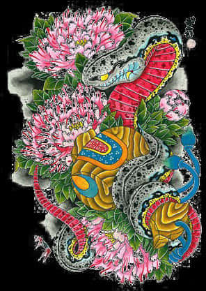 Colorful Snakeand Flowers Artwork PNG Image