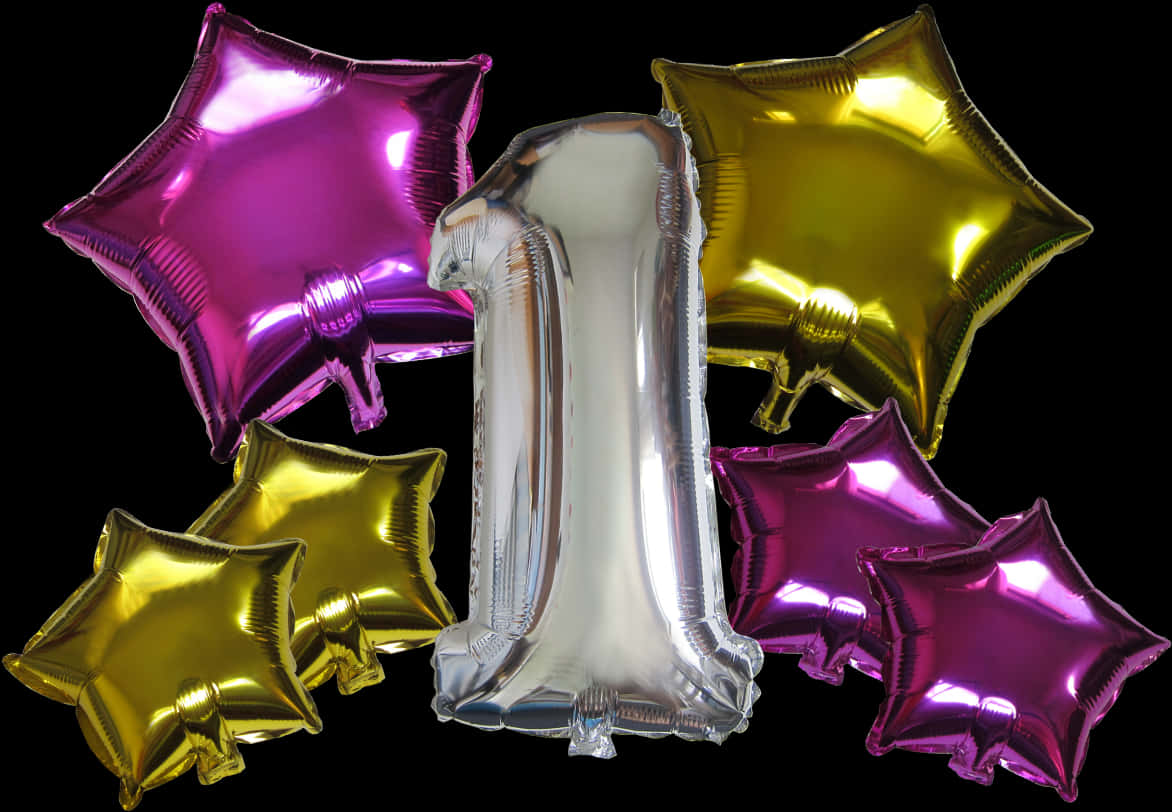 Colorful Star Balloonsand Silver Number One PNG Image