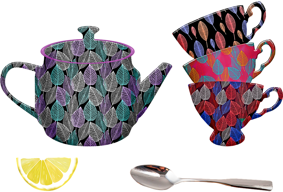 Colorful Tea Setand Lemon Slice PNG Image