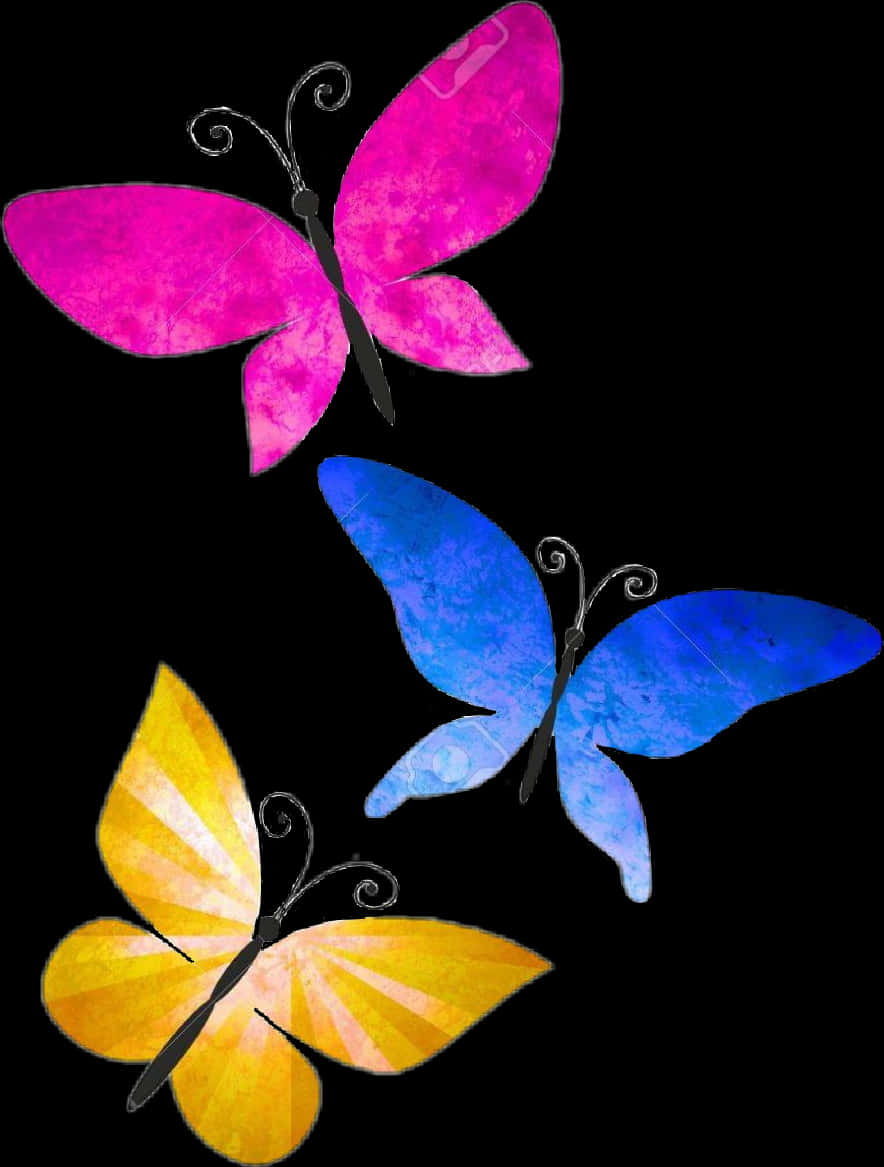 Colorful Trio Butterflies Art PNG Image