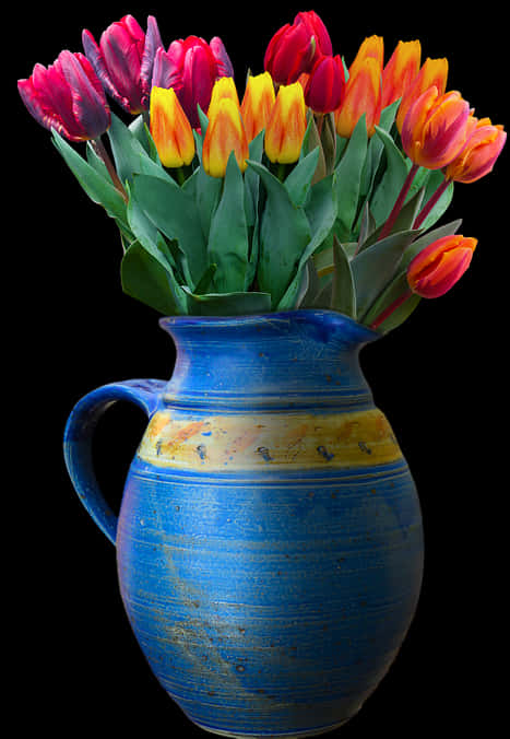 Colorful Tulipsin Blue Vase PNG Image