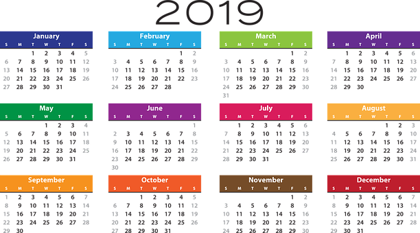 Colorful2019 Calendar Overview PNG Image