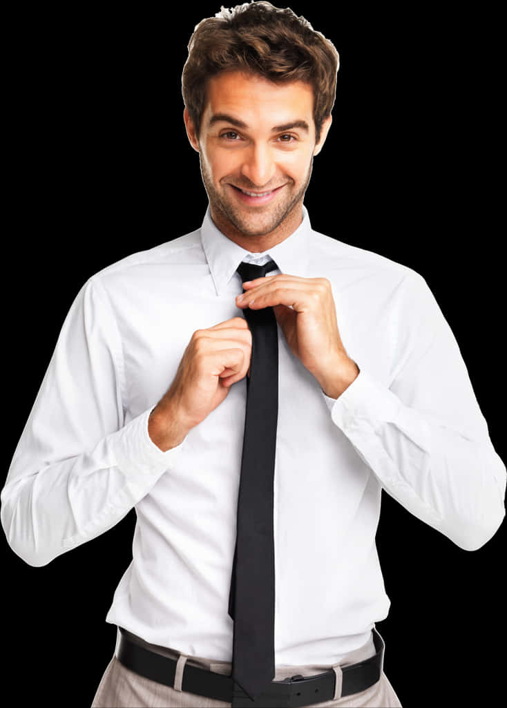 Confident Businessman Adjusting Tie PNG Image