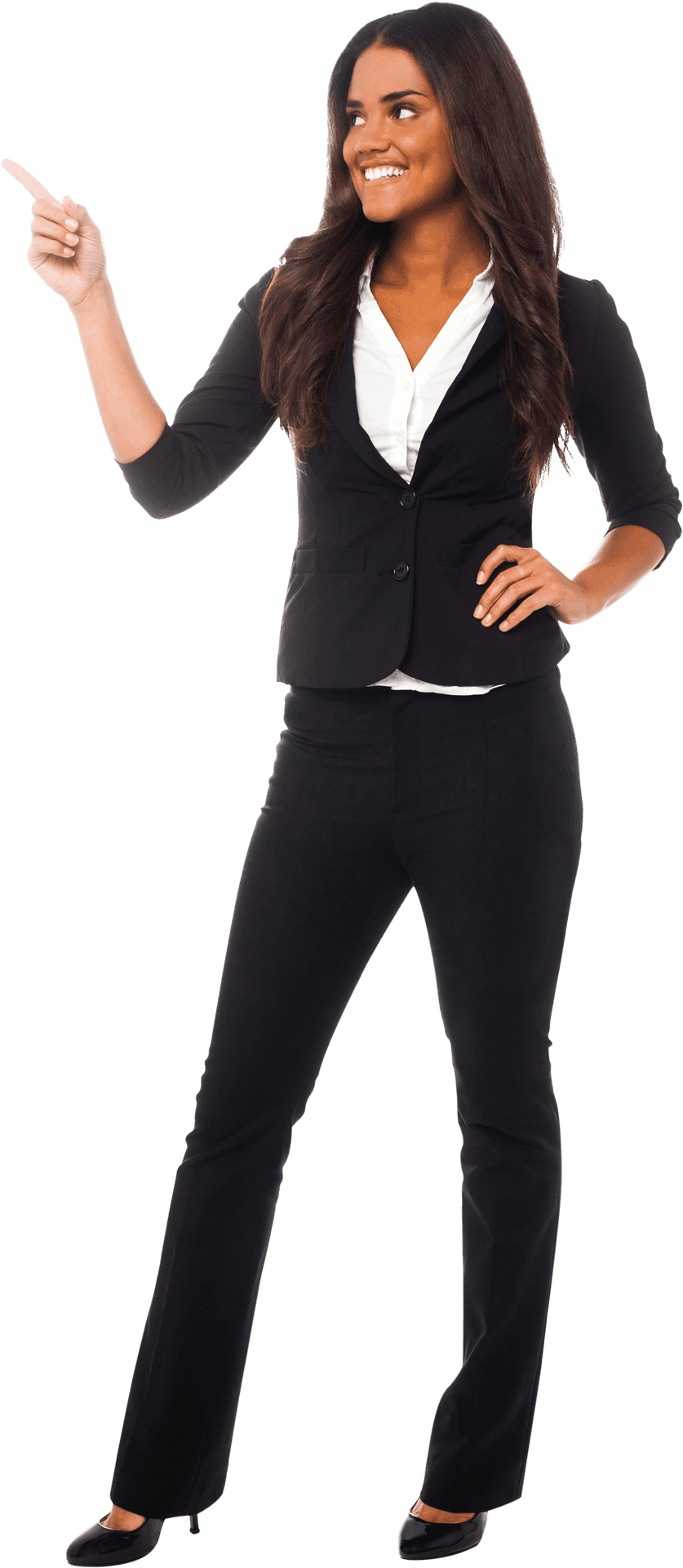 Confident Businesswoman Pointing Upward PNG Image