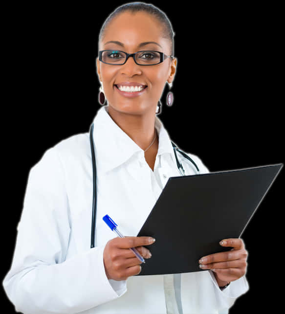 Confident Female Doctorwith Clipboard PNG Image