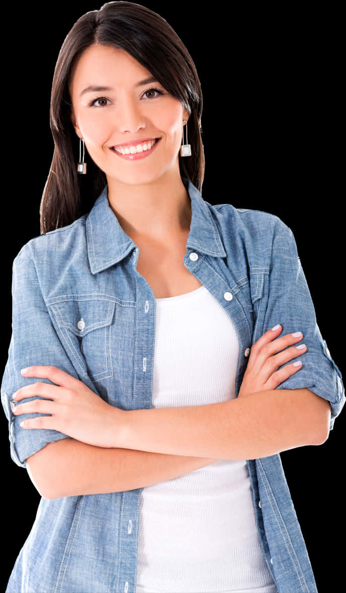 Confident Womanin Denim Shirt PNG Image