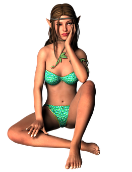 Contemplative_ Elf_in_ Green_ Bikini PNG Image