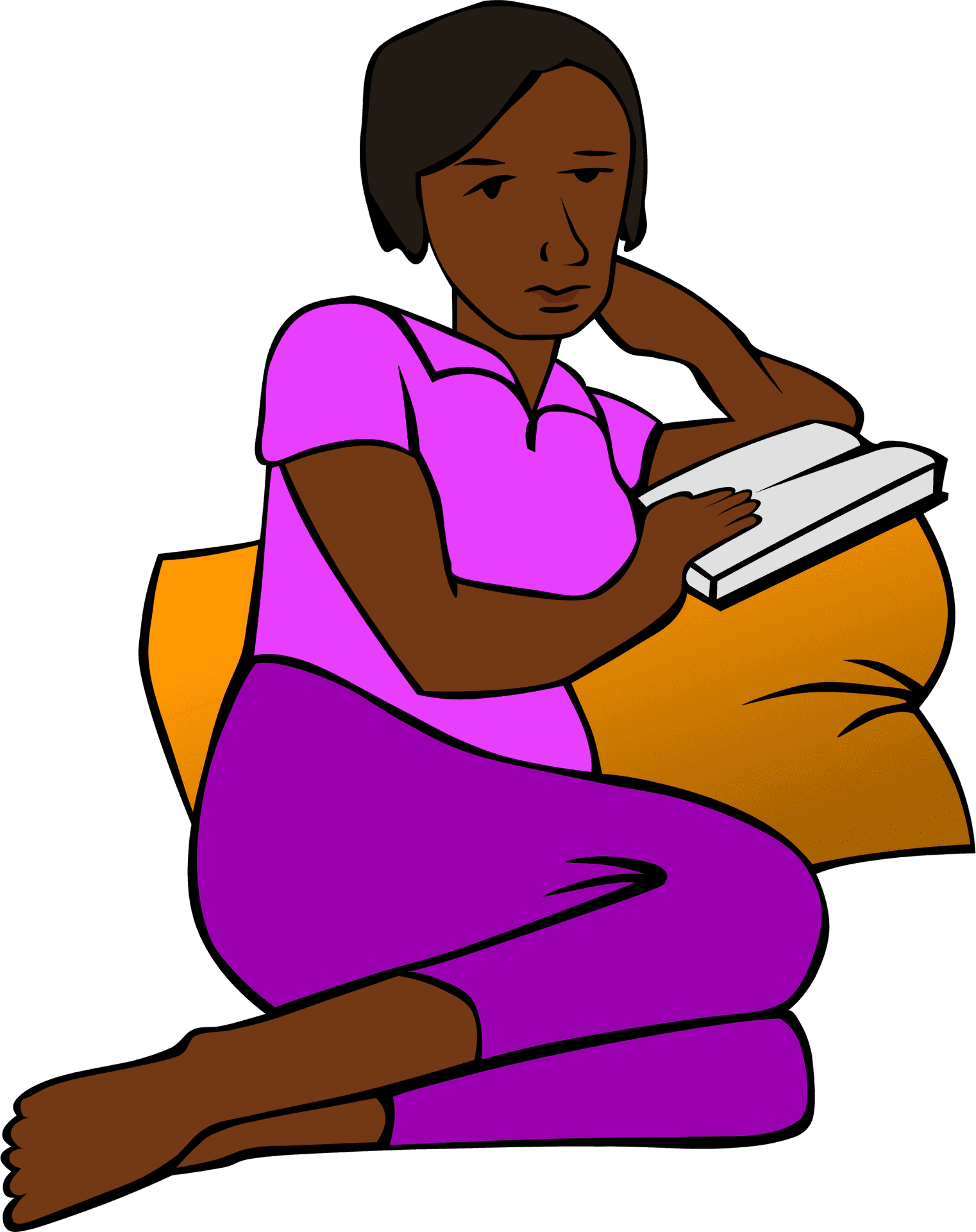 Contemplative Reading Woman Cartoon PNG Image