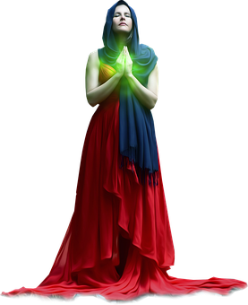 Contemplative Womanin Colorful Drapery PNG Image