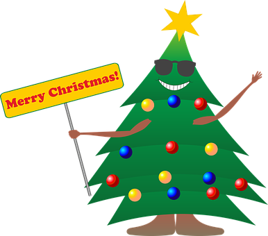 Cool Christmas Tree Cartoon Holding Sign PNG Image