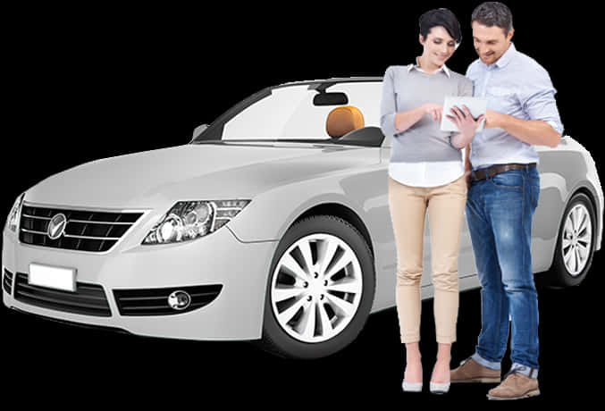 Couple Consulting Tablet Beside Car PNG Image