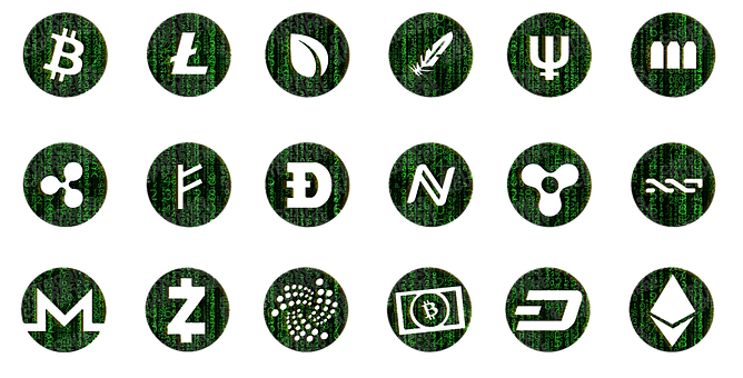 Cryptocurrency Icons Matrix Background PNG Image