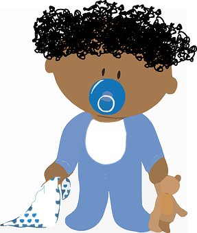 Curly Haired Cartoon Baby With Pacifierand Teddy Bear PNG Image