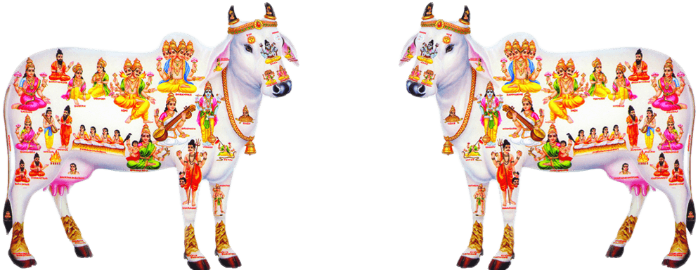 Decorative Cowwith Hindu Deities Motif PNG Image