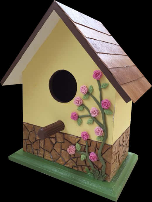 Decorative Yellow Birdhousewith Roses PNG Image