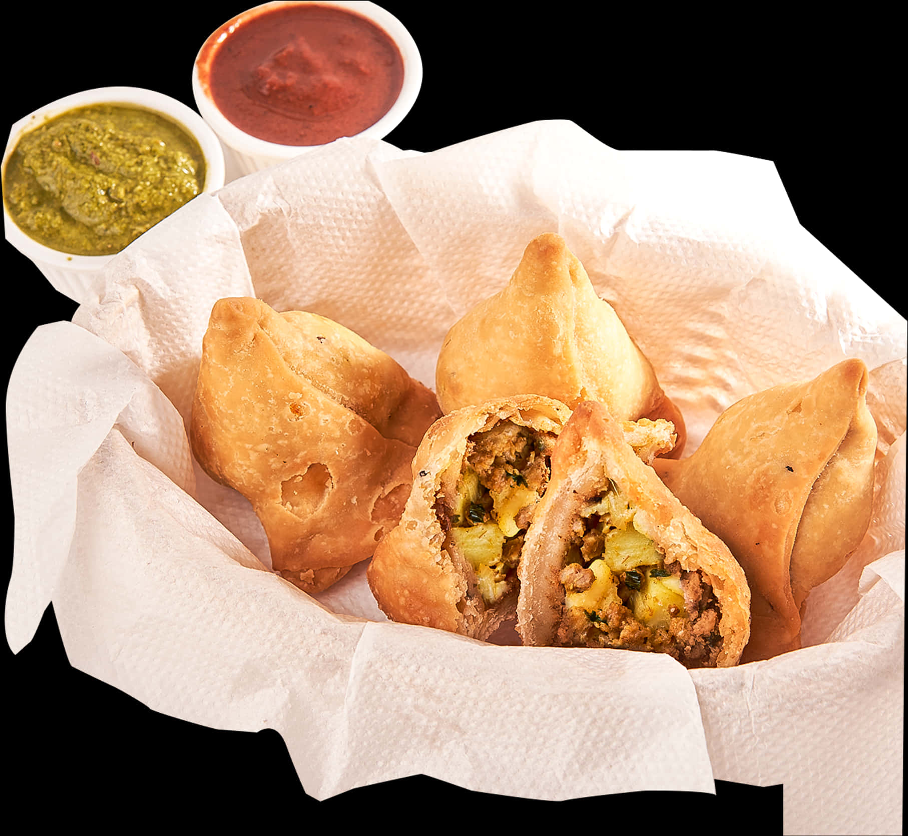 Delicious Samosaswith Chutney Dips PNG Image