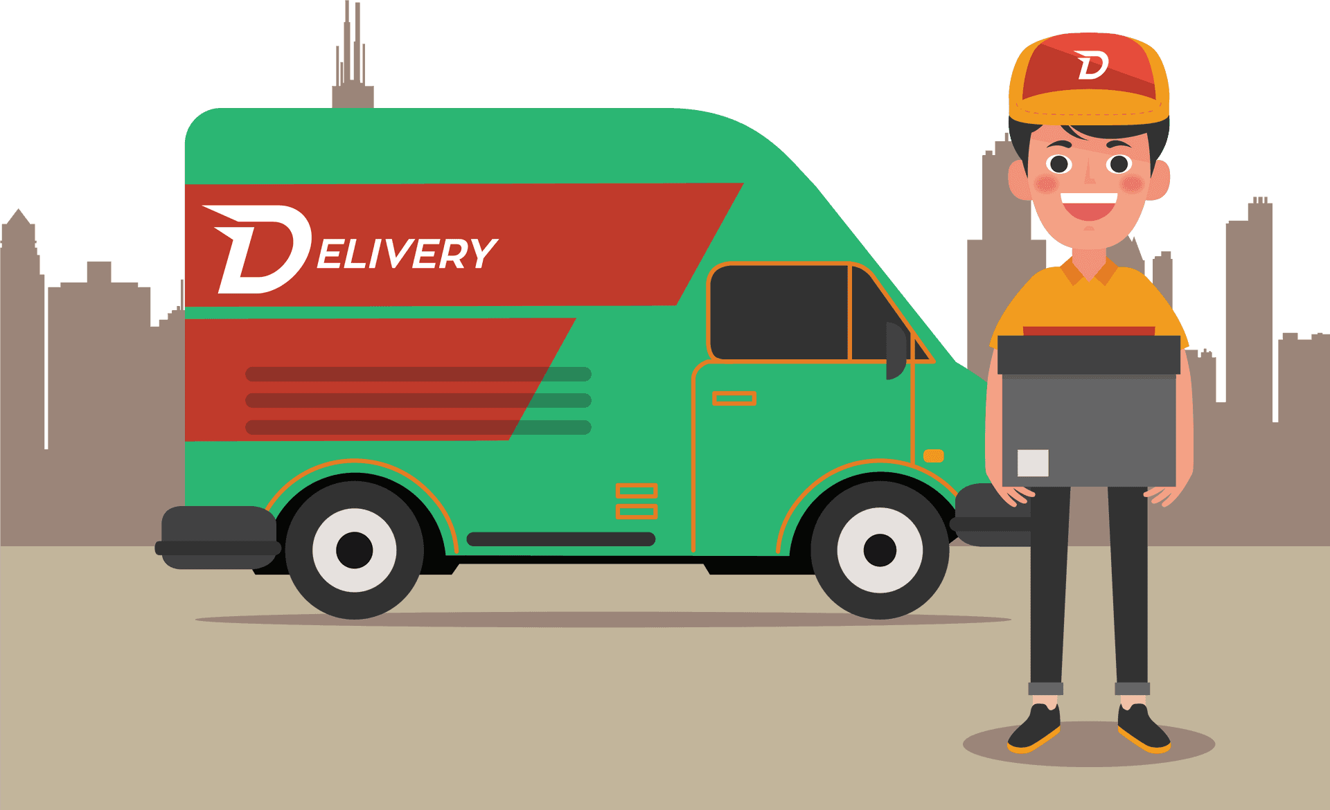 Delivery Manand Van City Background PNG Image