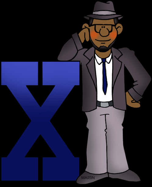 Detective Character Beside Letter X PNG Image