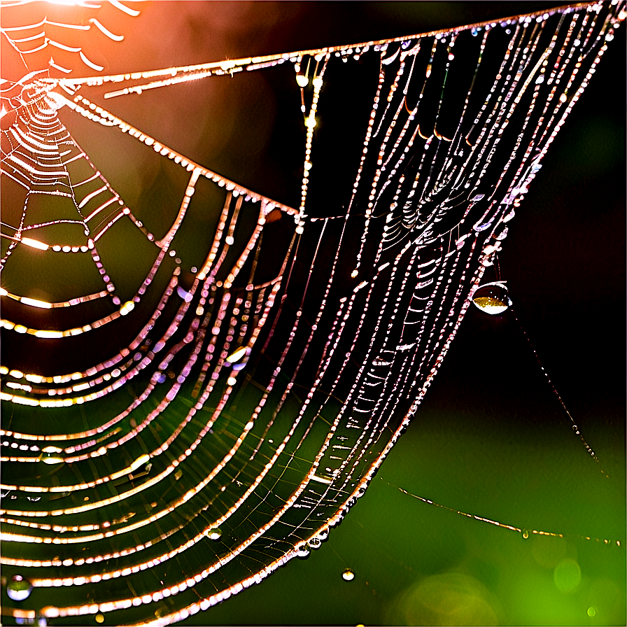 Dewy Spider Web Morning Light PNG Image